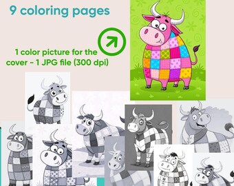 9 divertidas páginas para colorear de toros para niños. Pinta las tuyas. Libro para colorear para niños pequeños. Dibujos de animales. Imprimible. Descarga digital.