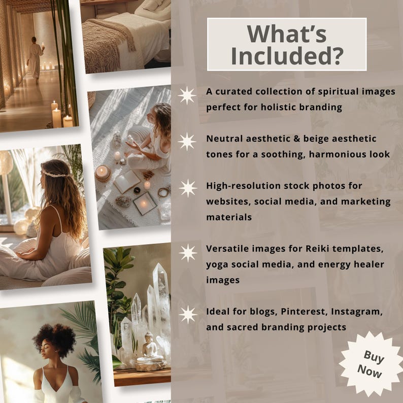 Op de afbeelding: Een collage van afbeeldingen met een neutrale kleurenpalet met een focus op kristallen, kaarsen en meditatie. De tekst "What's Included?" wordt weergegeven in een bruine doos met een witte omtrek. De tekst "Buy Now" wordt weergegeven in een stervorm met een bruine achtergrond en een witte omtrek.