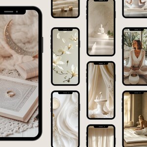 Op de afbeelding: Een verzameling telefoonachtergronden met kalmerende en minimalistische ontwerpen. De afbeeldingen bevatten een witte bloem, een wit beeld, een wit deken, een witte ring en een persoon die mediteert.