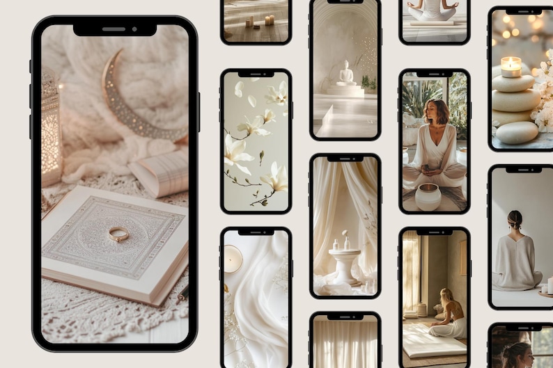 Op de afbeelding: Een verzameling telefoonachtergronden met kalmerende en minimalistische ontwerpen. De afbeeldingen bevatten een witte bloem, een wit beeld, een wit deken, een witte ring en een persoon die mediteert.