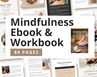 Op de afbeelding: Een digitaal e-book en werkboek met de titel "Mindfulness Ebook & Workbook" met een omslagfoto van een mediterende vrouw. De omslag bevat ook de tekst "84 pagina's" en "Mindfulness: Create a More Peaceful You".