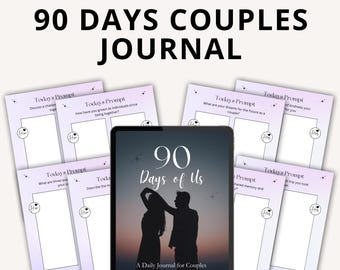 May include: A digital journal for couples with a purple and white gradient background. The journal cover features a silhouette of a couple dancing against a sunset backdrop. The text "90 Days of Us" is displayed in a large, bold font. The journal is designed to help couples connect and grow together.