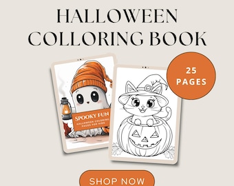 May include: Halloween coloring book with 25 pages. Features illustrations of a ghost with an orange hat and a cat in a witch hat inside a pumpkin. Includes the text "Spooky Fun" and "Shop Now".