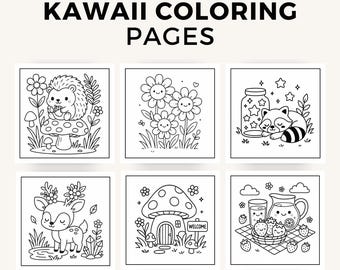 May include: Black and white Kawaii coloring pages featuring adorable illustrations of a hedgehog on a mushroom, smiling flowers, a raccoon sleeping near a jar of stars, a deer, a mushroom house, and a picnic basket with strawberries.