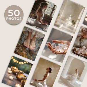 Op de afbeelding: Een verzameling van 50 foto's met verschillende sc&egrave;nes van meditatie, ontspanning en mindfulness. De foto's bevatten afbeeldingen van mensen die mediteren, kristallen en de natuur.