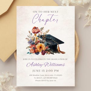 May include: Graduation announcement with watercolor floral bouquet, mortarboard, and text "On to Her Next Chapter." Includes graduate's name, date, time, and location. RSVP information is also provided.