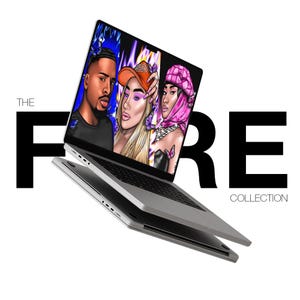 May include: A silver laptop computer with a colorful design on the screen. The design features three people with blue, pink, and yellow accents. The text "THE FIRE COLLECTION" is visible on the screen.