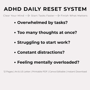 Könnte beinhalten: Digitaler Download mit dem Titel "ADHS Daily Reset System" auf hellgrauem Hintergrund. Der Text enthält Fragen zu Aufgabenüberlastung, schnellen Gedanken und Ablenkungen. Erhältlich in A4- und US-Letter-Formaten.