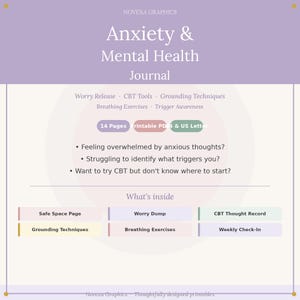May include: A light purple and white digital journal titled Anxiety & Mental Health Journal by Novexa Graphics. It lists 14 pages, printable PDF, and US Letter format. Features include CBT tools, worry release, and grounding techniques for mental wellness.
