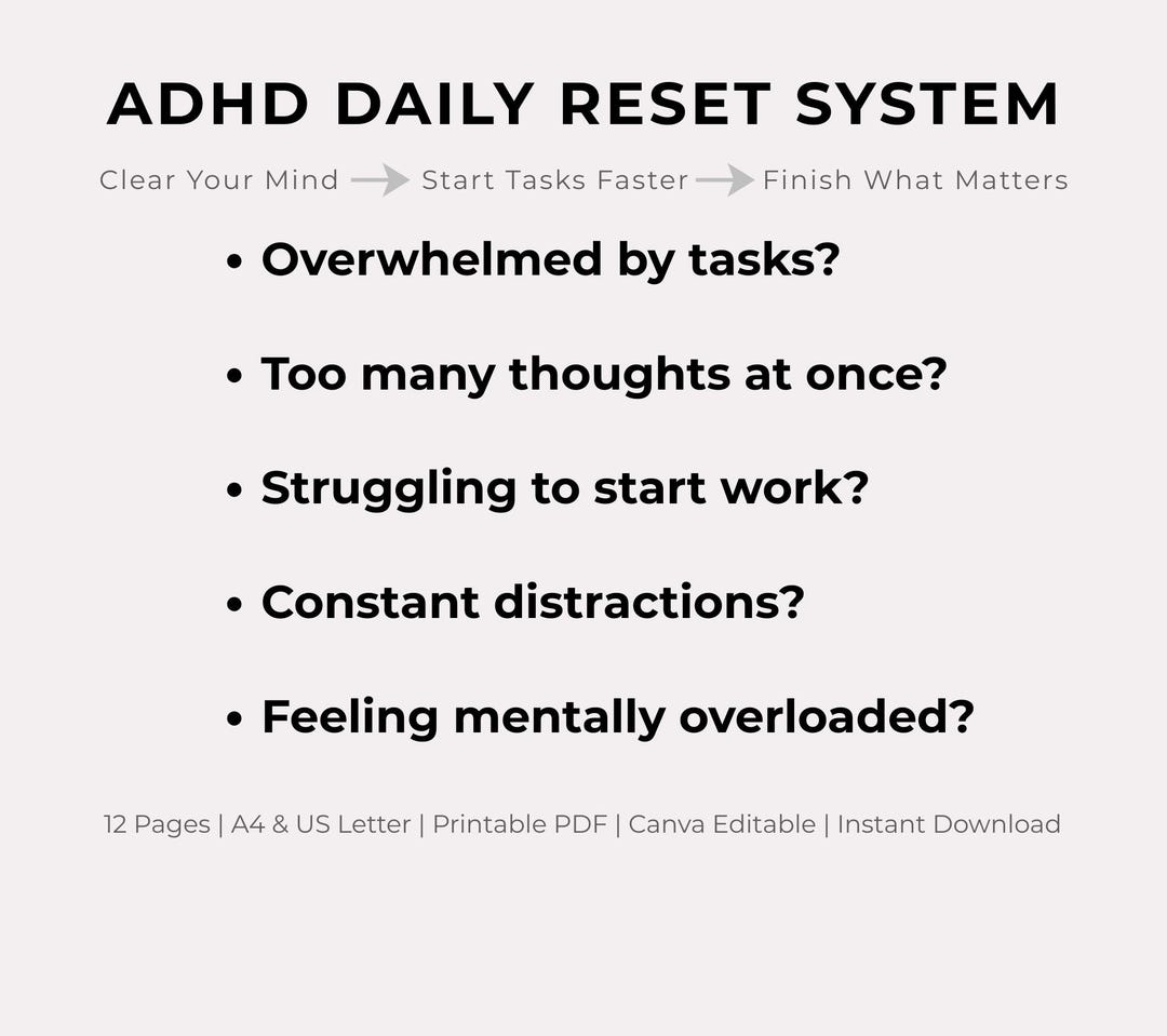 ADHD Daily Reset Planner | Executive Dysfunction Focus System ...
