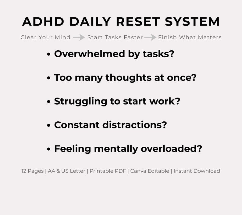 Adhd Racing Thoughts ADHD Daily Reset Planner | Executive Dysfunction Focus System ...