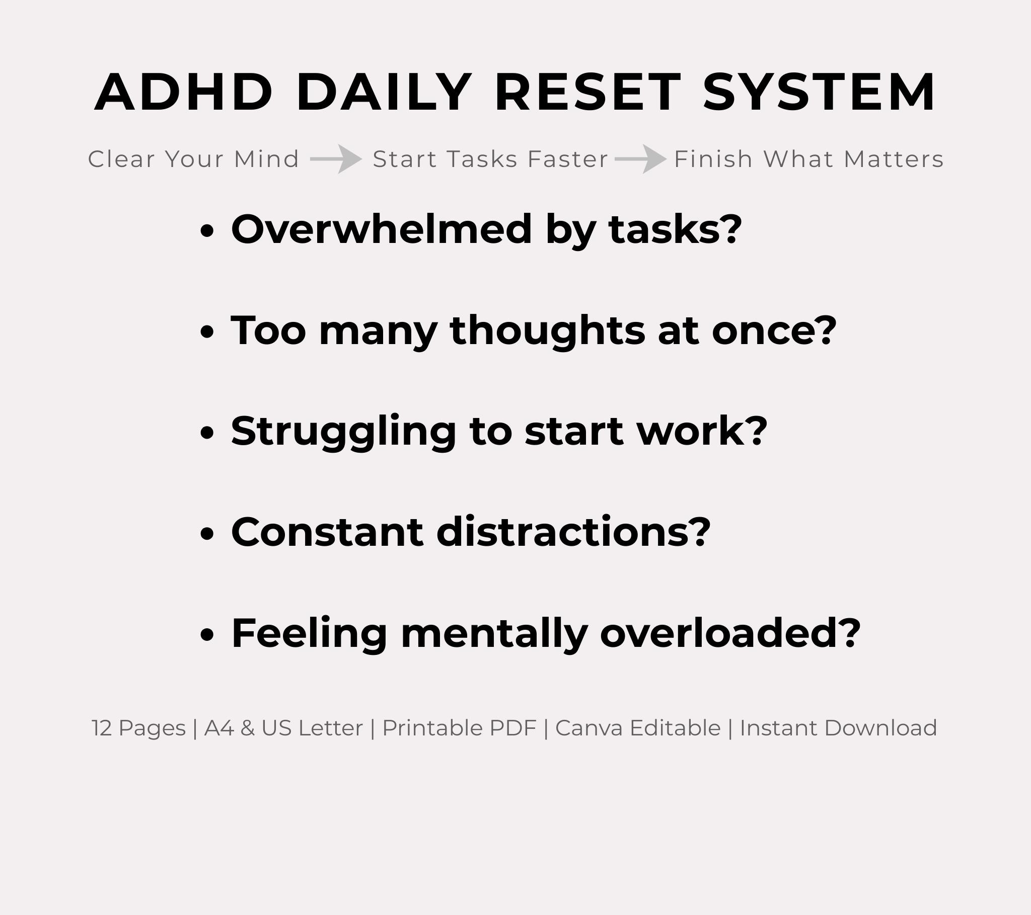 ADHD Daily Reset Planner | Executive Dysfunction Focus System ...