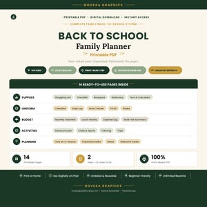 Könnte beinhalten: Ein digitaler Back-to-School-Familienplaner als druckbares PDF von Novexa Graphics. Das Dokument enthält 14 Seiten mit Abschnitten für Schulbedarf, Uniformen, Budget, Aktivitäten und Planung, verfügbar in den Formaten US Letter und A4.