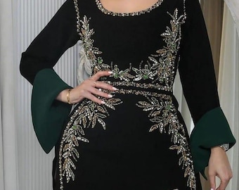 Black Gold Moroccan Kaftan Dress, Luxury Dubai Abaya Evening Gown, Takchita Formal Wear