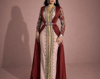 Red Gold  Moroccan Kaftan Dress, Arabic Evening Gown, Dubai Style Wedding Guest