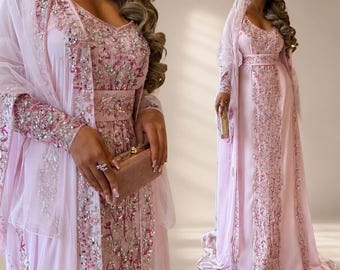 Pink Moroccan Takchita Caftan, Heavily Embroidery Formal Wedding Gown, Luxury Bridal, Modest Party Evening