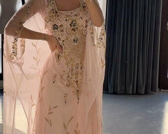 Luxury Pink Embroidered Caftan Dress, Moroccan kaftan ,Dubai Jalabiya Modest Wedding Guest