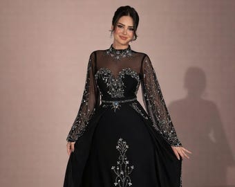 Black Luxury Moroccan Kaftan, Dubai Caftan Style Dress, Elegant Bridal Party Wear