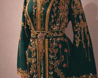 Luxury Green Moroccan Kaftan Dress, Gold Dubai wedding  Caftan, Luxury Bridal Evening Gown