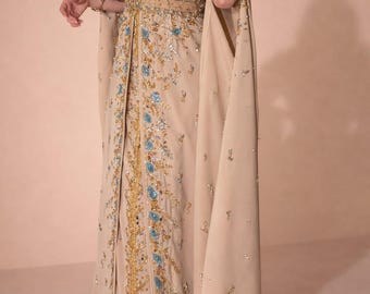 Beige Luxury Kaftan Dress, Gold Hand Embroidery, Moroccan Caftan, Nikah Wedding Outfit