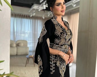 Black Caftan Dress with Gold Embroidery, Moroccan Kaftan, Arabic Evening Gown