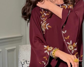 Burgundy Moroccan Kaftan Dress with Gold Embroidery, Arabic Jalabiya, Dubai Style Evening Gown
