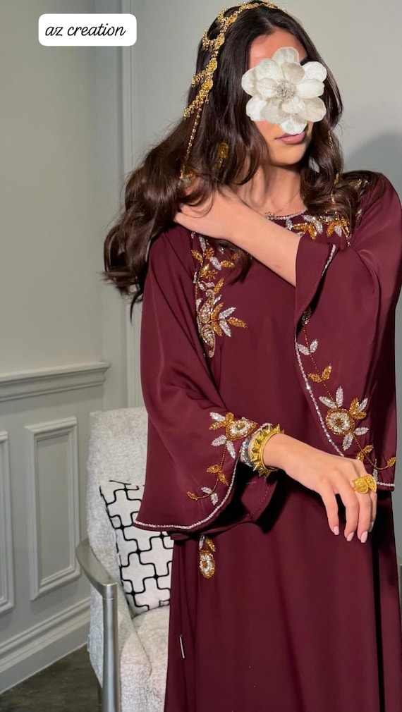 Burgundy Moroccan Kaftan Dress With Gold Embroidery, Arabic Jalabiya, Dubai Style Evening Gown