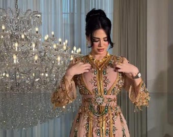 Luxury Pink Embroidered Caftan Dress, Moroccan kaftan ,Dubai Jalabiya Modest Wedding Guest