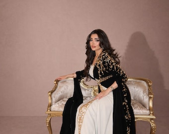 Black White Gold Moroccan Kaftan, Luxury Bridal Caftan Dress, Dubai Style Evening Gown