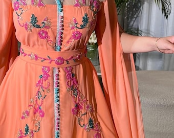 Peach Moroccan Kaftan , Luxury Embroidered , Evening Gown , Maxi Dress, Arabic Party Wear, Custom Made
