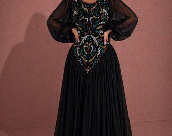 Black Moroccan Kaftan Dress | Multicolor Rhinestone Bridal Gown, Dubai Abaya Wedding Caftan