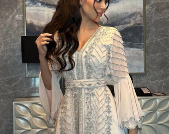Luxury Hand Embroidered Bridal Moroccan Kaftan Dress, Elegant Ivory Evening Gown ,Modest Wedding