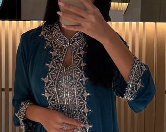 Teal Embroidered Moroccan Kaftan , Luxury Wedding Caftan, Evening Gown, Dubai Style Maxi Dress