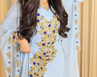 Light Blue Moroccan Kaftan | Gold Embroidery, Blue Stones