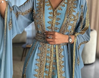 Sky Blue Moroccan Kaftan Dress with Gold Embroidery, Arabic Dubai Evening Gown