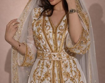 White Gold Bridal Kaftan Dress with Veil, Luxury Moroccan Caftan, Wedding Gown, Dubai Bridal