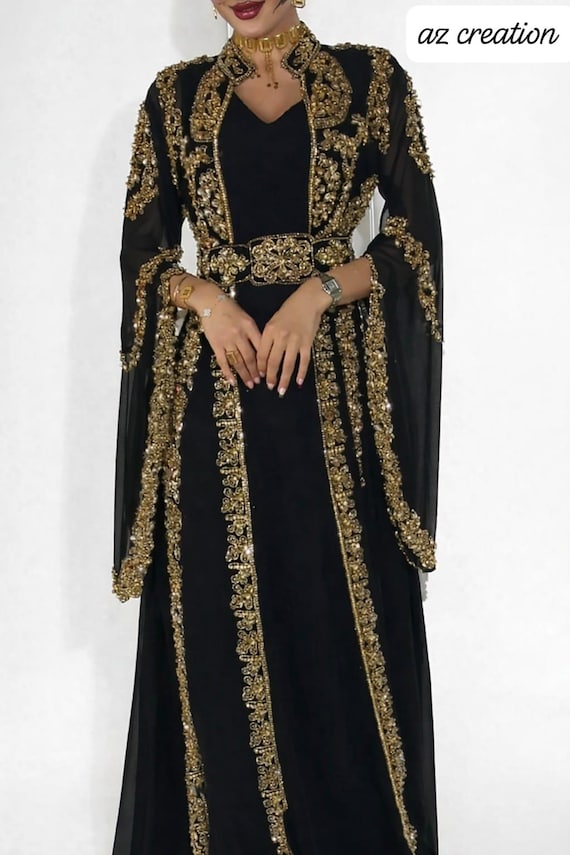 black and gold kaftan dress Moroccan | Heavy Embroidered Abaya Gown, Bridal Wedding Dress modern moroccan kaftan