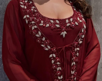Elegant Maroon Moroccan Kaftan Dress, Luxury Embroidered Caftan, Maxi Dubai Style Wedding Guest