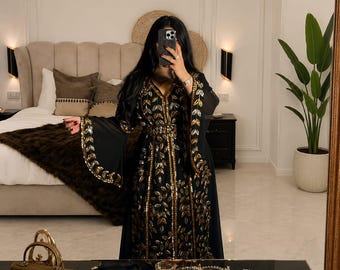 Black Gold Moroccan Kaftan Dress, Luxury Dubai Abaya Evening Gown, Takchita Formal Wear