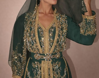 Luxury Green Moroccan Kaftan Dress, Gold Dubai Style wedding Caftan, Luxury Bridal Evening Gown