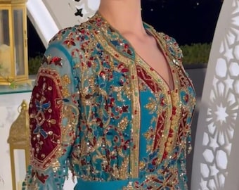 Turquoise Crepe Moroccan Kaftan Gold Embroidery | Luxury Wedding Guest Dress | Custom Arabic Caftan