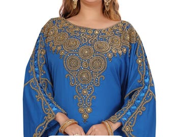 Royal Blue Moroccan Kaftan | Gold Embroidered Dubai Style|  Caftan Elegant Evening Gown, Wedding