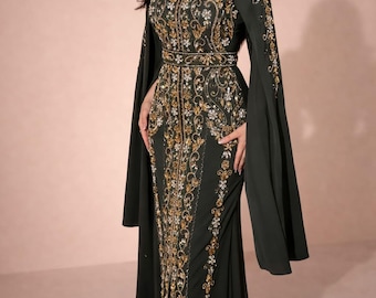 Luxury Green Moroccan Kaftan Dress, Gold Hand Embroidered Caftan, Bridal Evening Gown