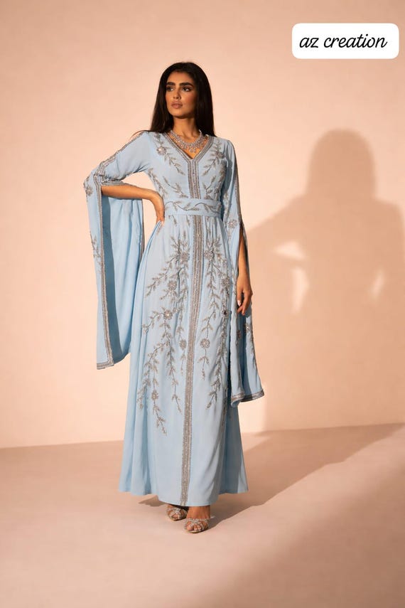 designer kaftan dresses for wedding Light Blue Moroccan Kaftan, Silver Embroidered ,modest Evening Gown, Bridal Dress ,custom Made Wedding guest Size:15 x 32 Off Shoulder Pinterest Party Wear Anarkali White Kaftan Dress with