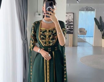 Luxury Green, Moroccan Kaftan, Hand Embroidered Evening Gown Modest Party Wear Abaya, Bridal