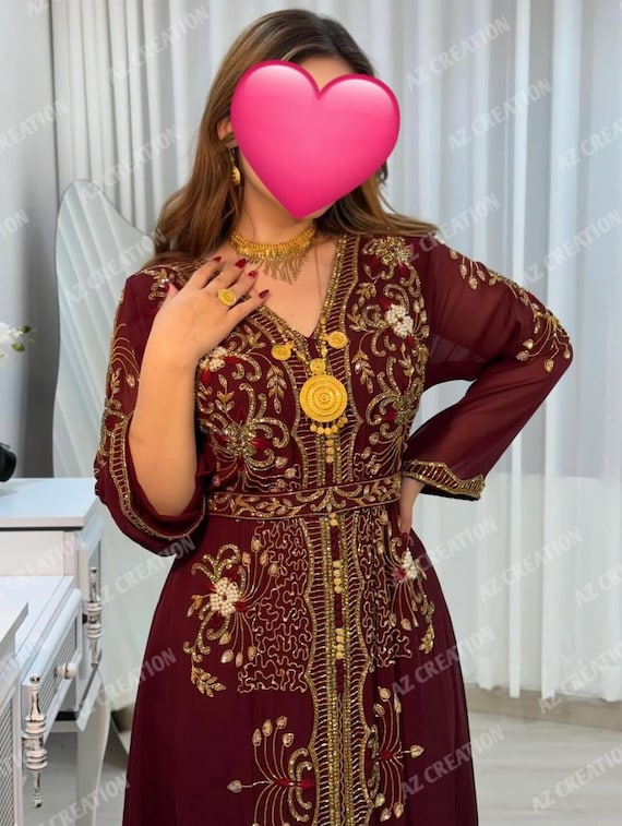 Luxury Maroon Moroccan Kaftan Dress, Gold Embroidered Wedding Gown, Beaded Maxi Evening Luxury Maroon Moroccan Kaftan Dress, Gold Embroidered Wedding Gown, Beaded Maxi Evening
