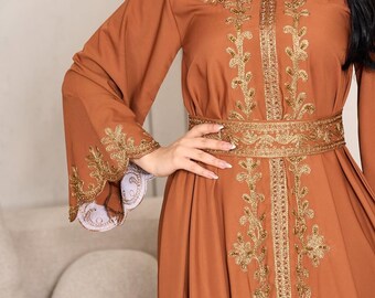 Luxury Embroidered Brown Caftan Dress, Traditional Moroccan Kaftan, Wedding Guest Outfit, Custom Made Dress