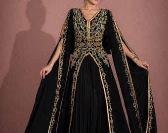 Black Gold Kaftan Turquoise Beads,  Moroccan Kaftan Dress, Evening Dubai Style Wedding Gown