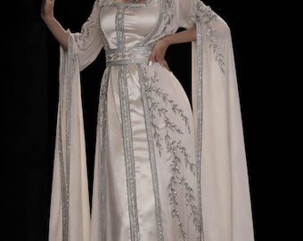 Champagne Moroccan Kaftan Dress, Silver Embroidered Takchita, Islamic Bridal Gown