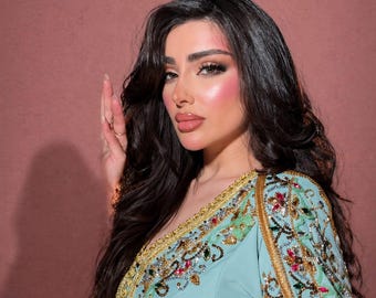Mint Green  Moroccan Kaftan Dress, Heavy Hand Embroidery, Dubai Style Evening Wear